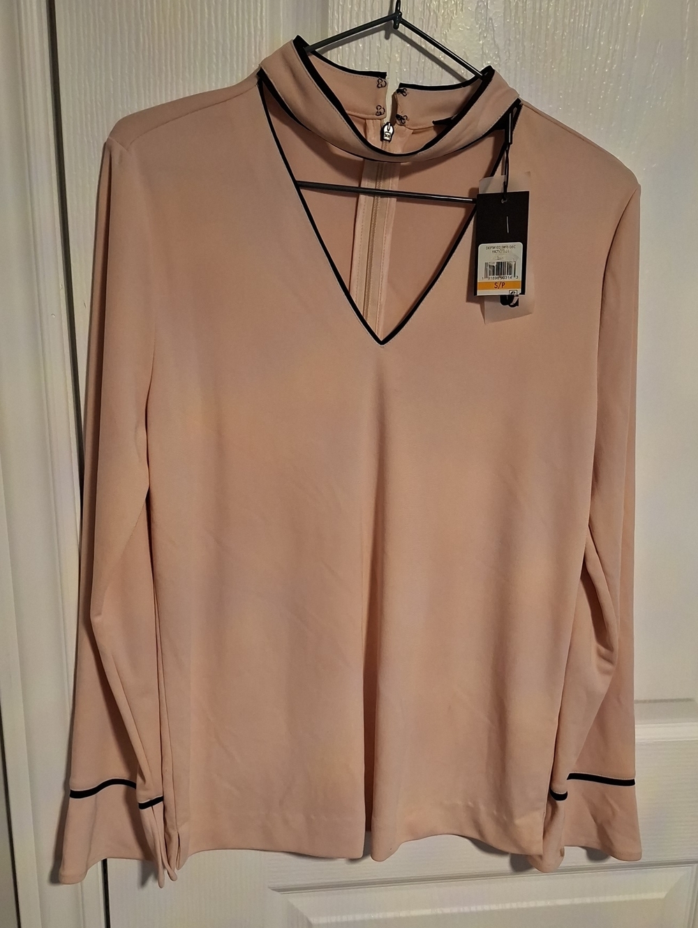 Karl Lagerfeld Blush Pink Long-Sleeve V-Neck Top with Black Trim